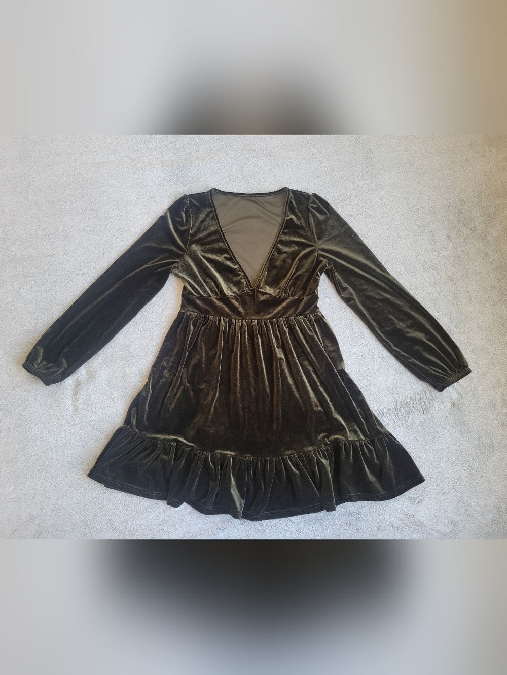 Velvet Long Sleeve V-Neck Tiered Babydoll Dress - Olive Green